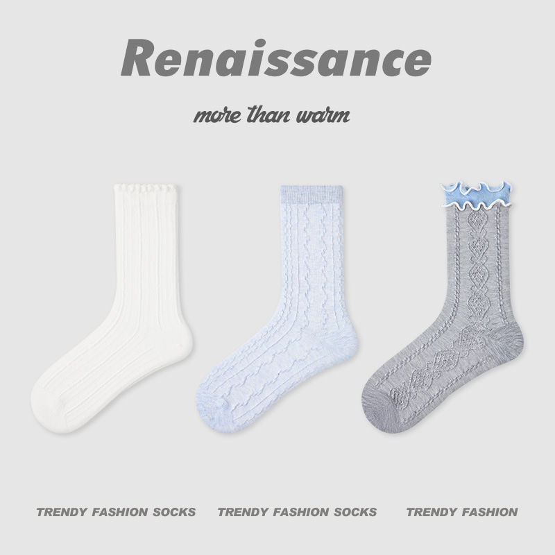 原创女袜春夏季黑白格子中筒袜卡通猫咪精梳棉袜子女