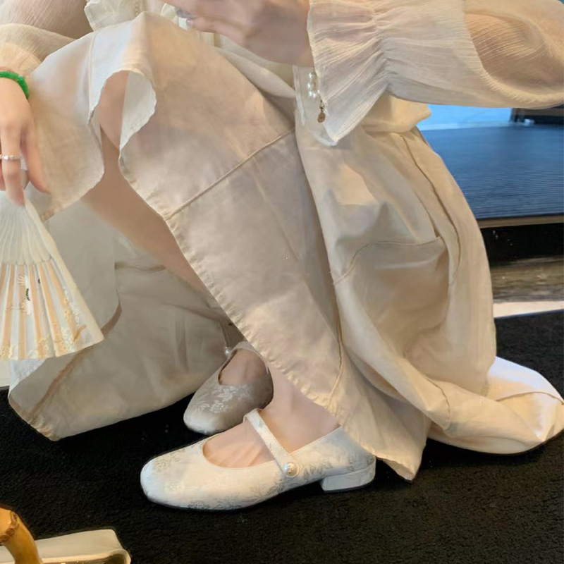 葡萄妈晚香玉~国风新中式珍珠一字带方头提花玛丽珍单鞋中跟女鞋