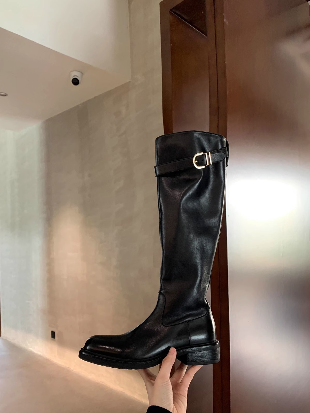 PANDA EYES葡萄妈同款鞋水洗马皮圆头粗跟厚底增高腿直长筒骑士靴