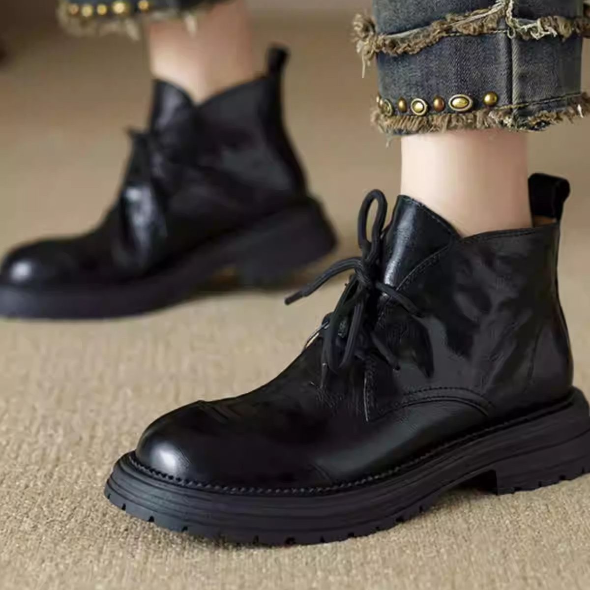時尚簡約款小个子复古抓纹软皮系带厚底短筒马丁靴女2025秋冬新款单靴显瘦短女靴