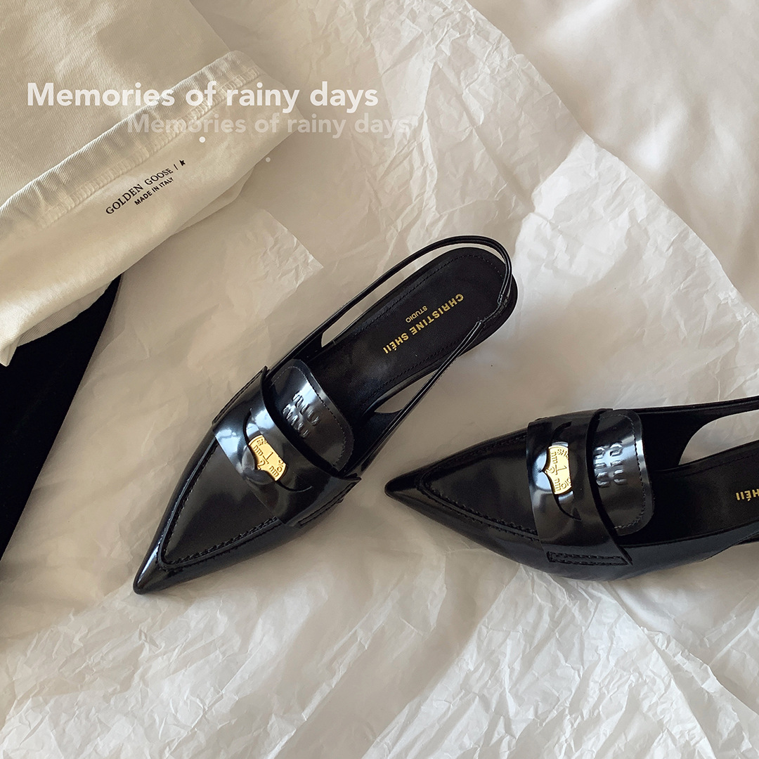 现货秒发！苏茵茵同款鞋小金币真皮尖头细跟后空凉鞋女ol通勤鞋春季新款