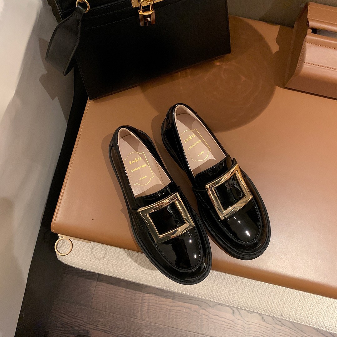 【sheii苏茵茵】重磅返场~方扣水钻真皮厚底懒人乐福鞋女小皮鞋