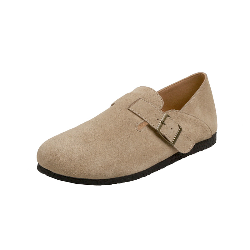 羊皮版 葡萄妈秋季新款毛毡平底大圆头勃肯鞋包头平底女单鞋真皮