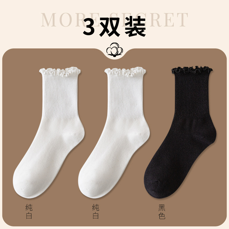 白色木耳边堆堆袜春秋薄款日系jk袜子女洛丽塔玛丽珍鞋花边中筒袜