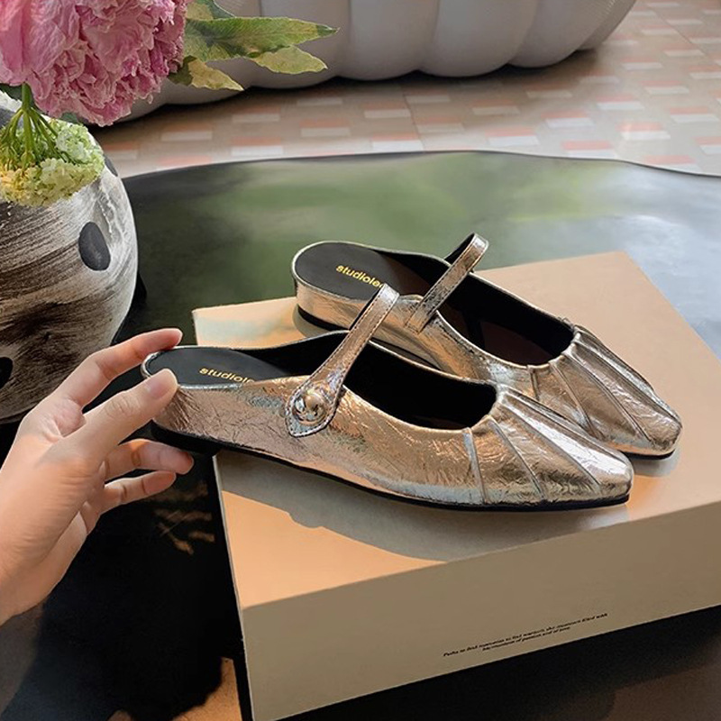 葡萄妈夏季新款气质小方头褶皱一字带浅口玛丽珍包头半拖鞋女夏