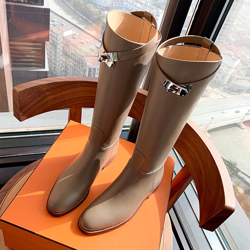 PANDA EYES 葡萄妈同款爱马仕同款秋冬新款尖头小粗跟骑士靴中高筒长女靴