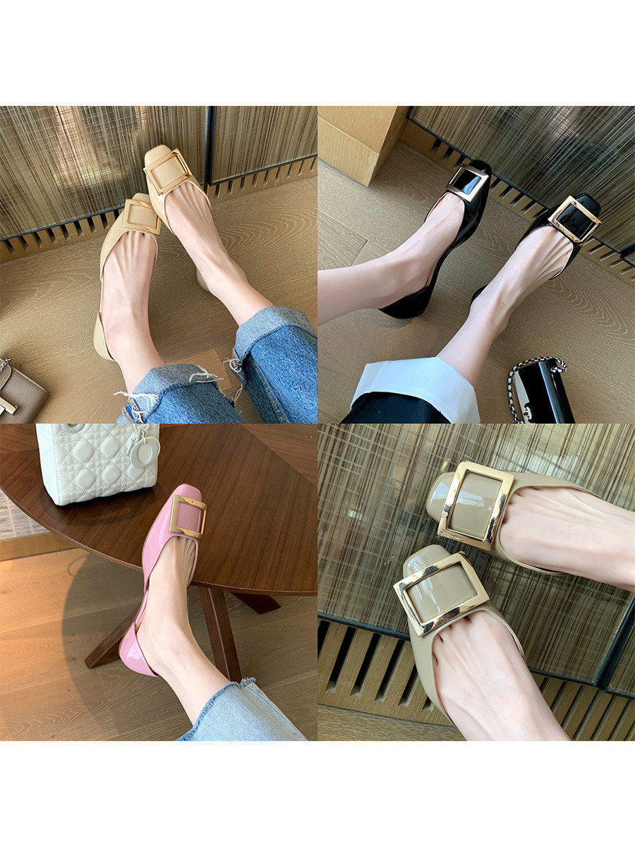 葡萄妈同款鞋通勤RV方扣漆皮方头浅口中空平底单鞋女秋