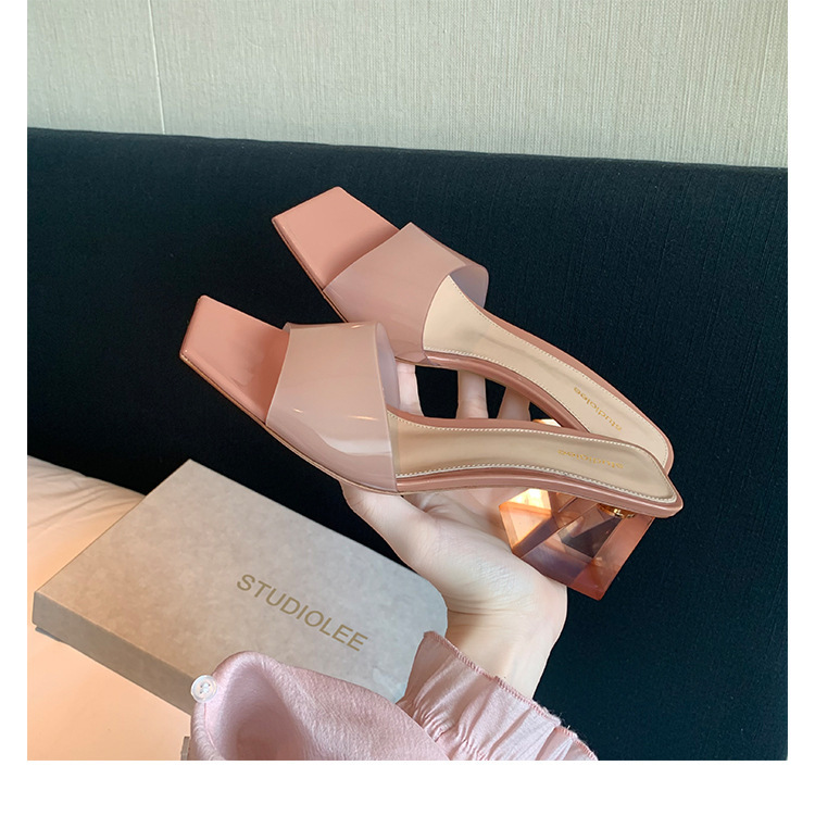 葡萄妈同款 夏季款水晶跟厚底方头一字带露趾粗高跟凉拖鞋女外穿