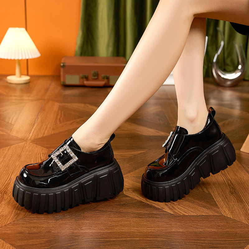 厚底乐福女春季新款黑色松糕小皮鞋时尚百搭小个子内增高女鞋