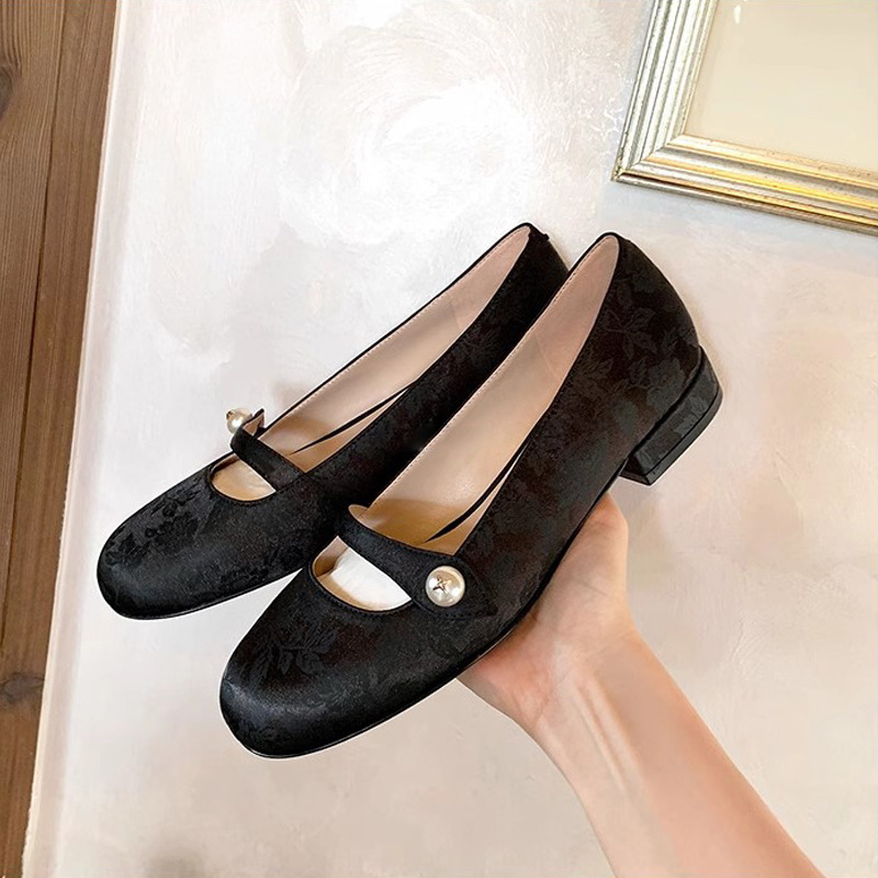 葡萄妈晚香玉~国风新中式珍珠一字带方头提花玛丽珍单鞋中跟女鞋