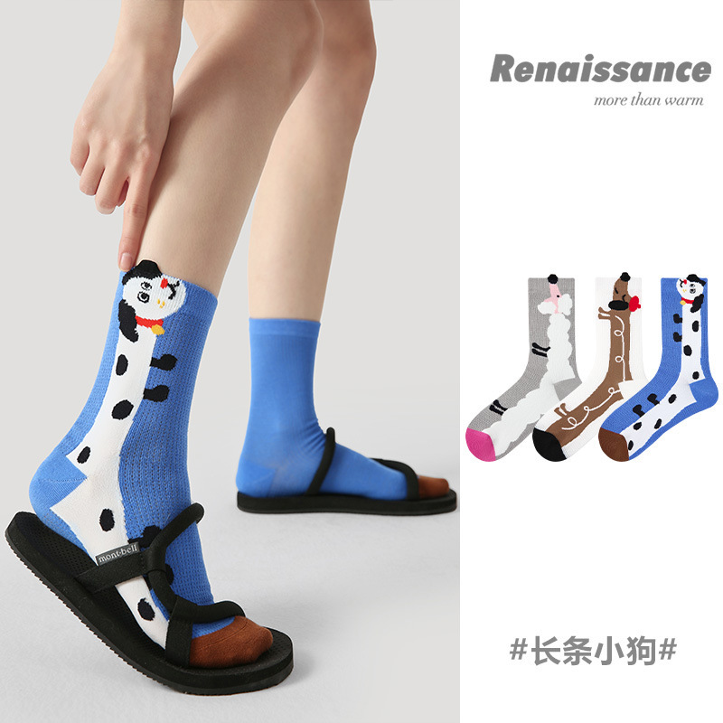 长条立体小狗动物中筒袜少女条纹拼色网眼透气女袜子