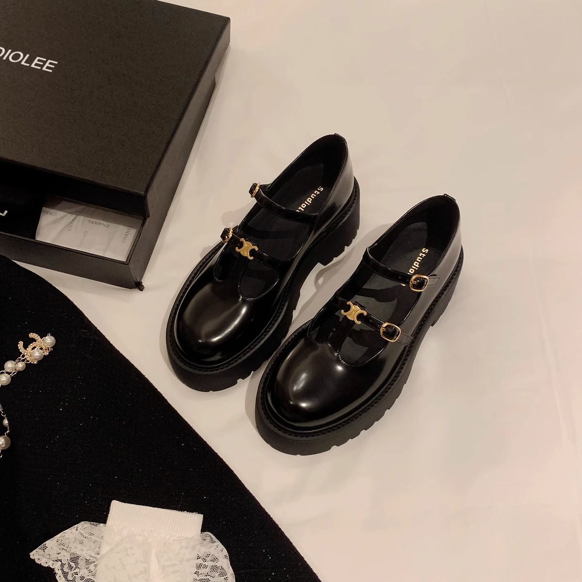 葡萄妈同款鞋凯旋门金扣圆头粗跟厚底丁字搭扣乐福鞋女