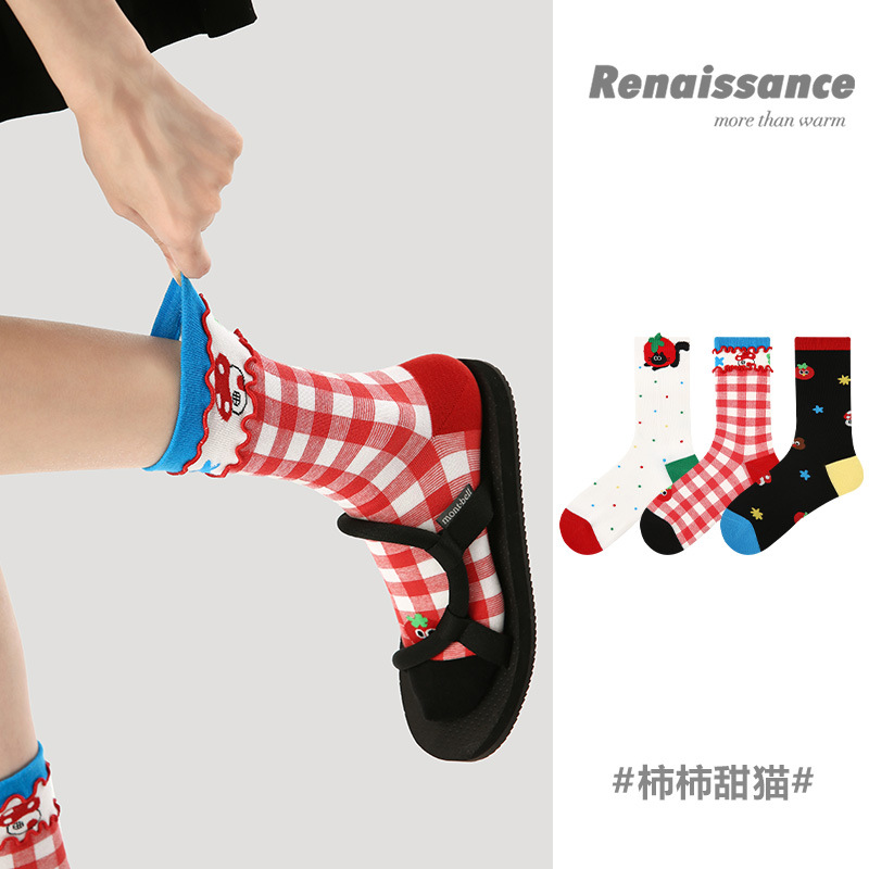 原创女袜春夏季柿柿甜猫中筒袜花边无骨精梳棉袜子女
