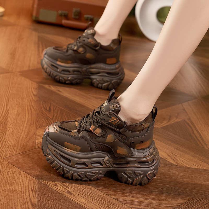 新款厚底老爹鞋女秋冬新款擦色做旧复古休闲鞋时尚百搭内增高女鞋