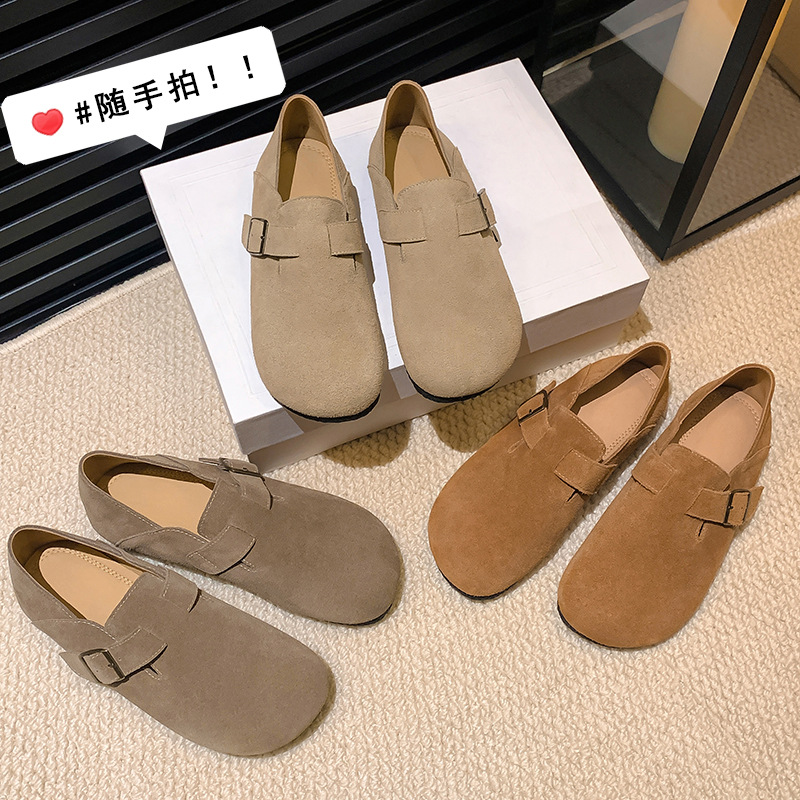 羊皮版 葡萄妈秋季新款毛毡平底大圆头勃肯鞋包头平底女单鞋真皮