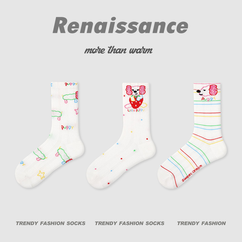 长条立体小狗动物中筒袜少女条纹拼色网眼透气女袜子