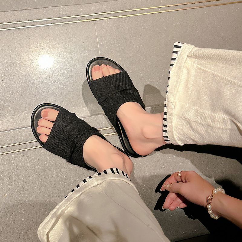 苏茵茵同款曼谷拖~度假风沙滩亚麻褶皱平底凉拖女拖鞋外穿夏