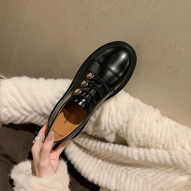 英伦金属扣复古刺绣乐福鞋春季圆头粗跟厚底小皮鞋单鞋女