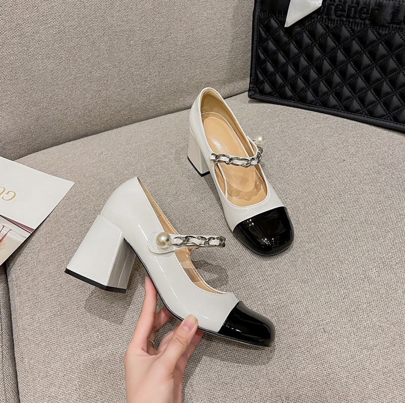 工厂现货赫本风新款玛丽珍单鞋一字带高跟鞋粗跟法式漆皮女鞋