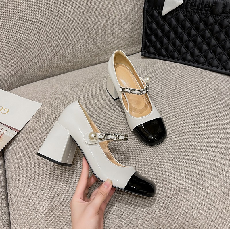 工厂现货赫本风新款玛丽珍单鞋一字带高跟鞋粗跟法式漆皮女鞋