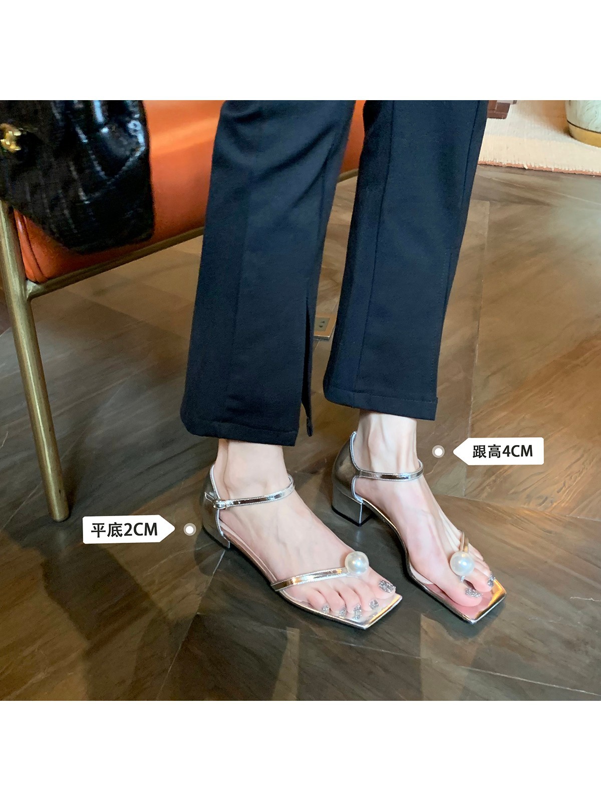 现货秒发！葡萄妈 夏季新款时尚百搭方头珍珠夹趾扣带粗跟凉鞋女