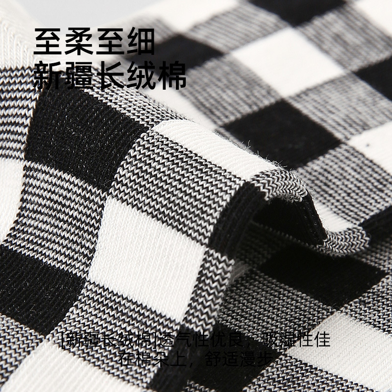 原创女袜春夏季黑白格子中筒袜卡通猫咪精梳棉袜子女