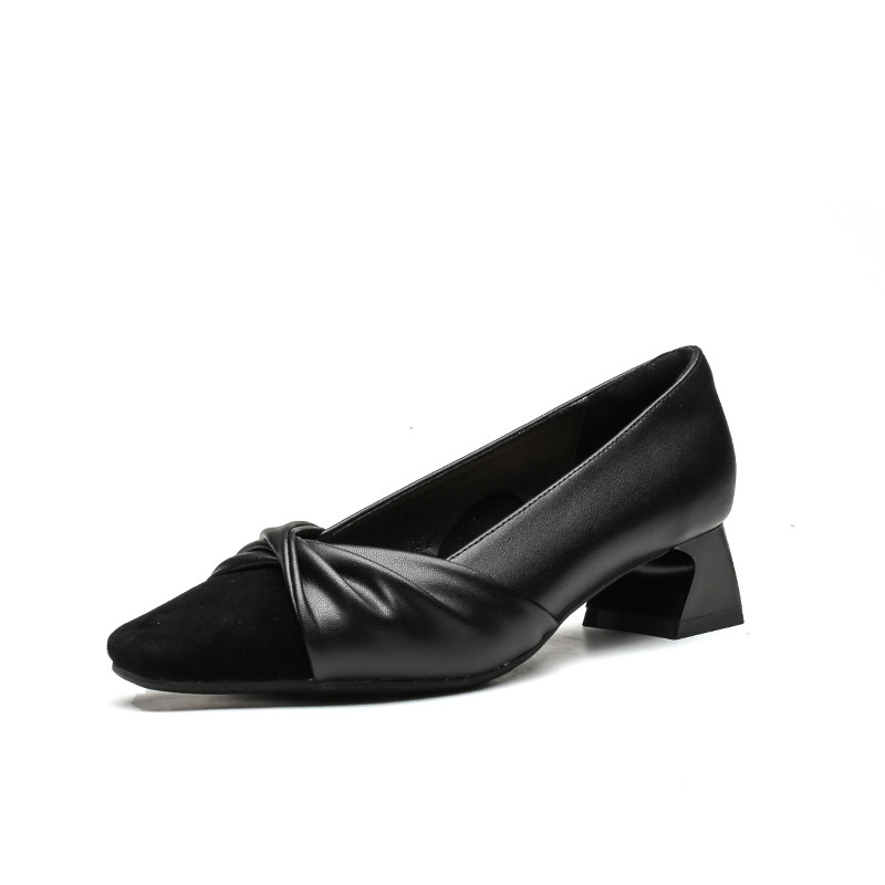 苏茵茵款羊皮版~复古方头粗跟浅口羊皮晚风温柔法式高跟鞋小香风单鞋女春