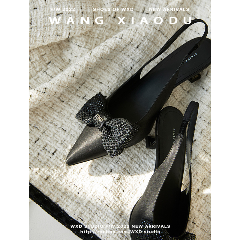 现货秒发！王小毒同款鞋蝴蝶结包头凉鞋女新款后空细高跟鞋女春