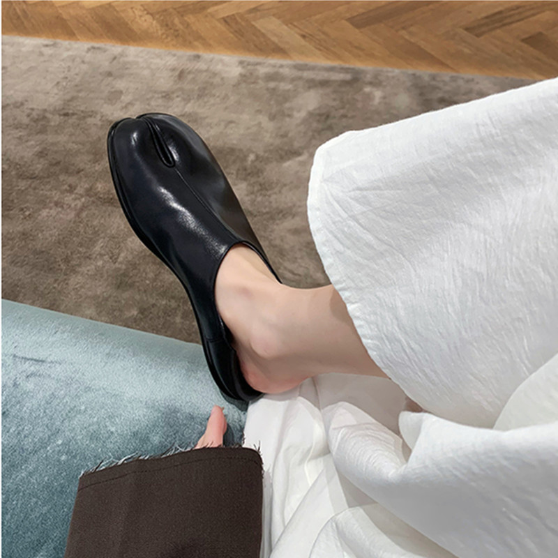 葡萄妈同款 春夏季新款平底浅口懒人一脚蹬猪蹄分趾鞋女真皮