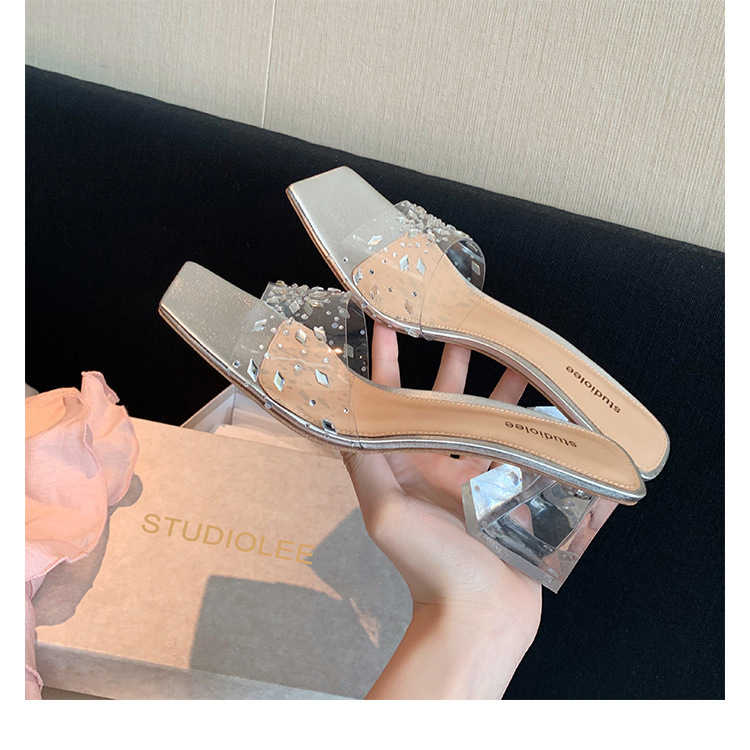 葡萄妈同款 夏季款水晶跟厚底方头一字带露趾粗高跟凉拖鞋女外穿