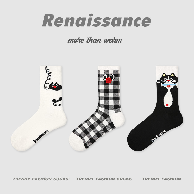 原创女袜春夏季黑白格子中筒袜卡通猫咪精梳棉袜子女