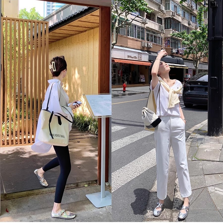 法式芭蕾风银色交叉带玛丽珍鞋子女浅口软底一字扣女鞋平底单鞋