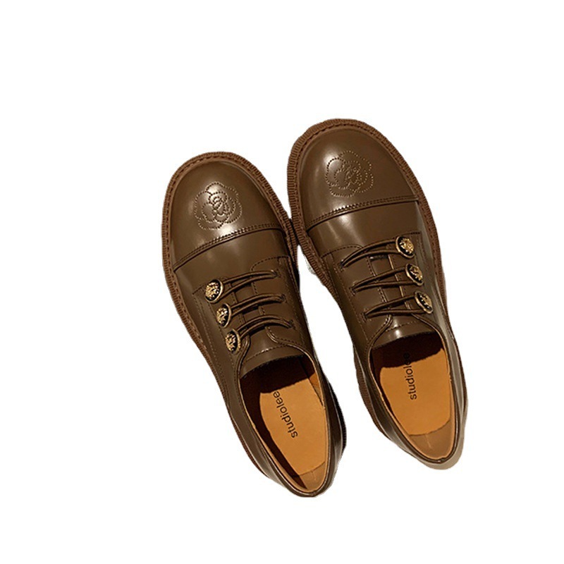 英伦金属扣复古刺绣乐福鞋春季圆头粗跟厚底小皮鞋单鞋女