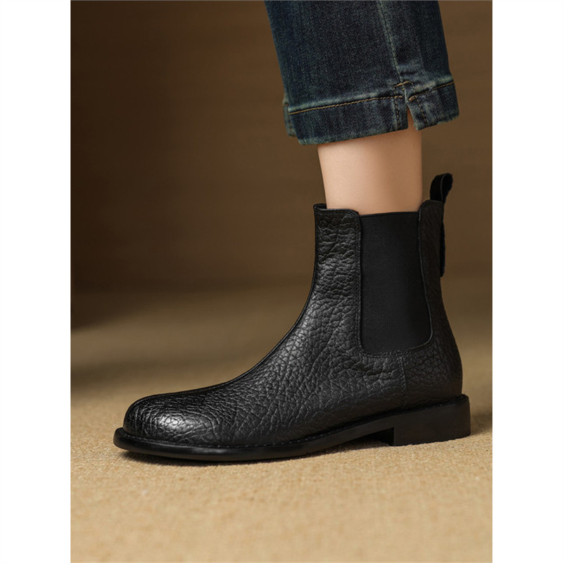 短靴女春秋单靴软底圆头低跟平底靴粗跟中跟松紧带加绒切尔西女靴