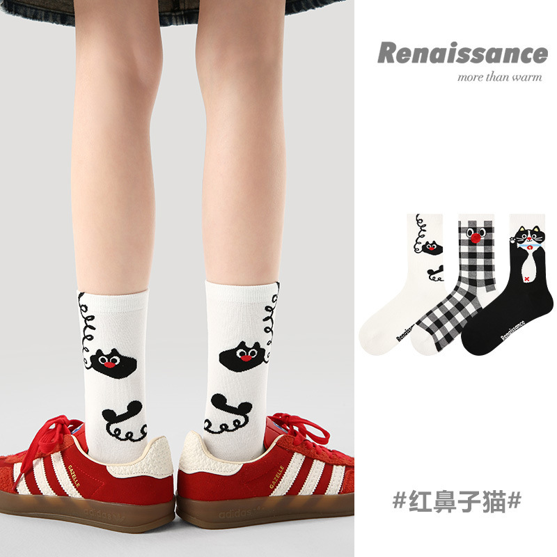 原创女袜春夏季黑白格子中筒袜卡通猫咪精梳棉袜子女