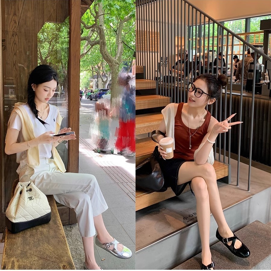 法式芭蕾风银色交叉带玛丽珍鞋子女浅口软底一字扣女鞋平底单鞋