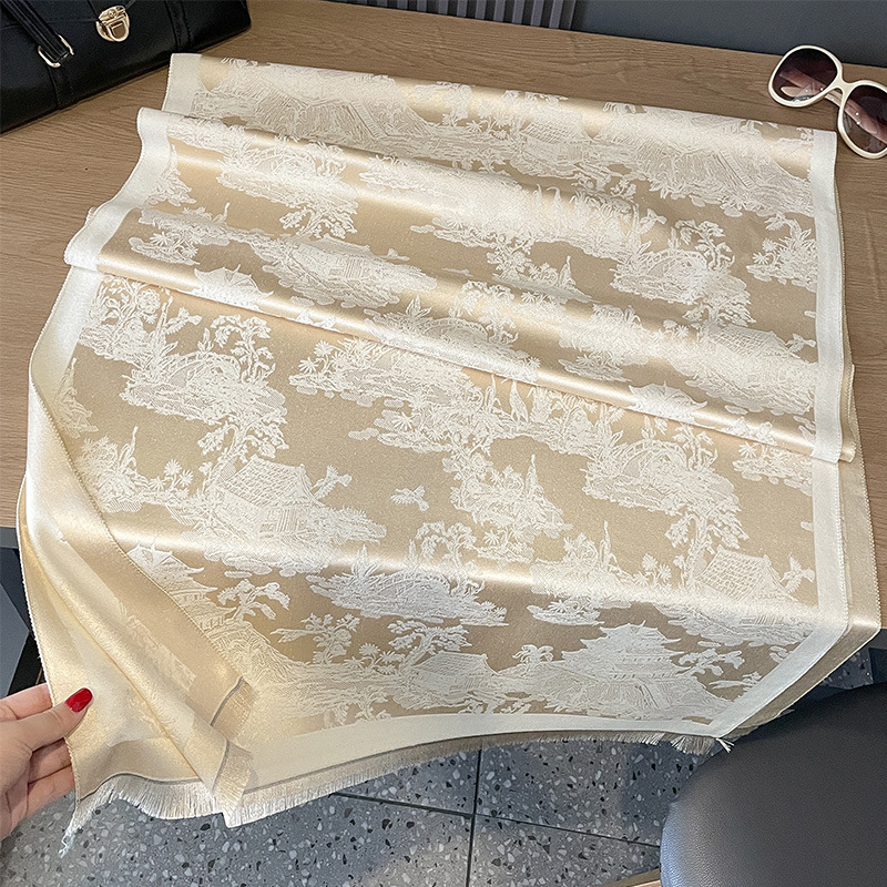 秋冬新款双面羊绒古风植物山林素雅加厚保暖丝巾空调房护颈披肩