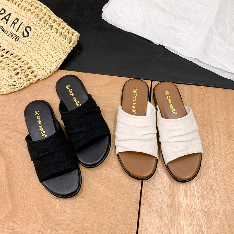 苏茵茵同款曼谷拖~度假风沙滩亚麻褶皱平底凉拖女拖鞋外穿夏