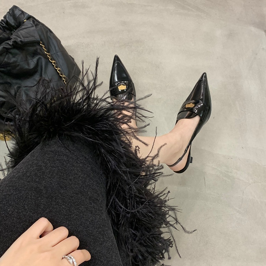 现货秒发！葡萄妈同款鞋miu家英伦风真皮拼色尖头后空高跟凉鞋