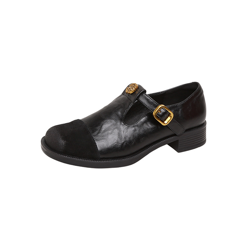 2025春季苏茵茵新款复古山茶花深口玛丽珍鞋女厚底粗跟一脚蹬圆头小皮鞋