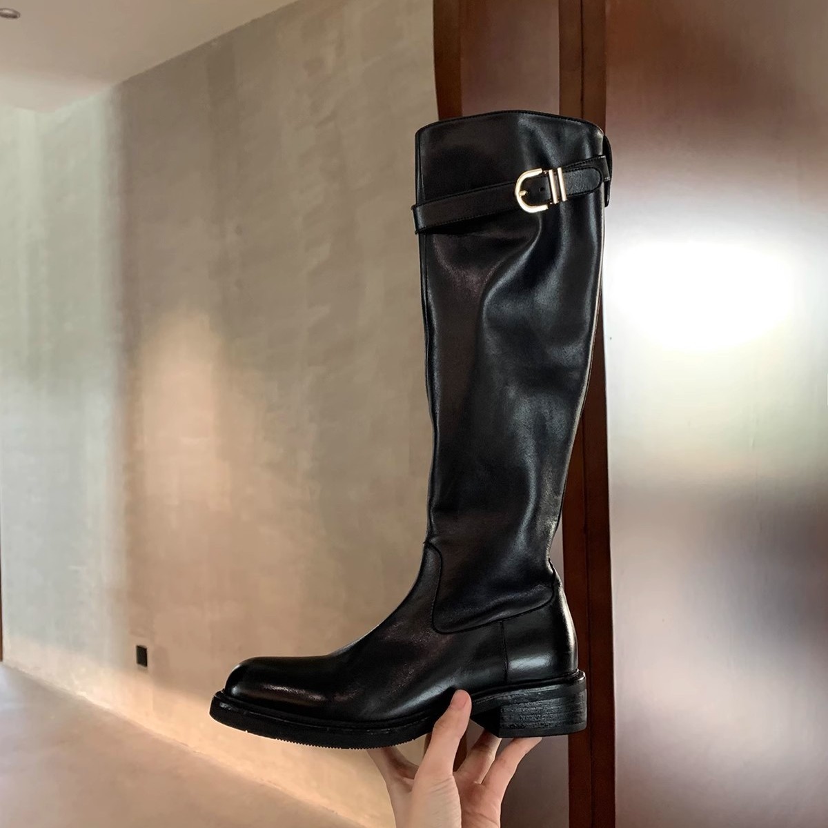 PANDA EYES葡萄妈同款鞋水洗马皮圆头粗跟厚底增高腿直长筒骑士靴