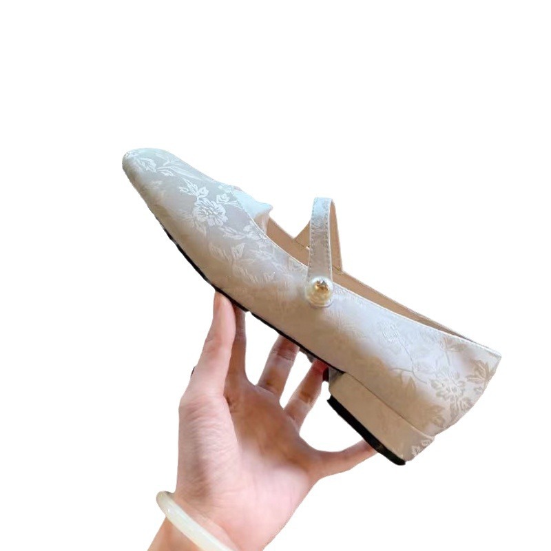 葡萄妈晚香玉~国风新中式珍珠一字带方头提花玛丽珍单鞋中跟女鞋