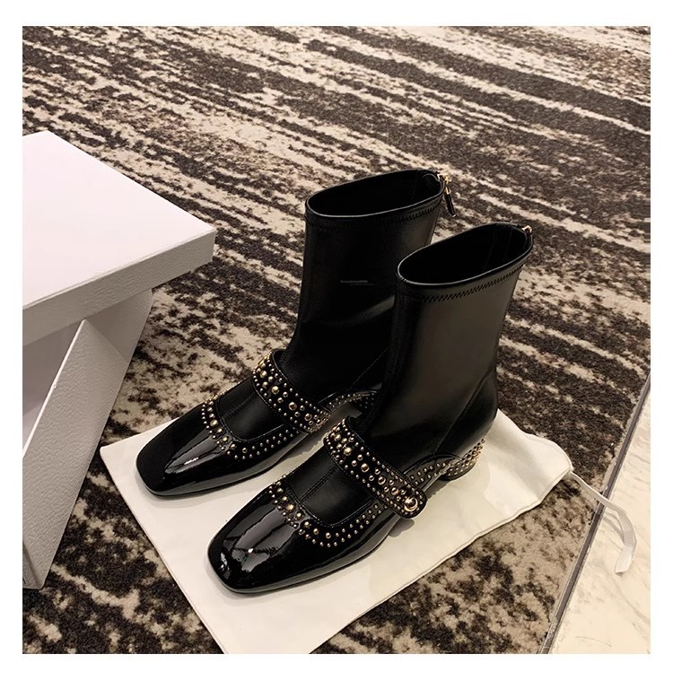 PANDA EYES时尚百搭新款方头铆钉后拉链中高筒弹力长靴女瘦瘦短靴