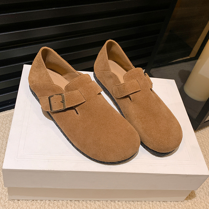 羊皮版 葡萄妈秋季新款毛毡平底大圆头勃肯鞋包头平底女单鞋真皮