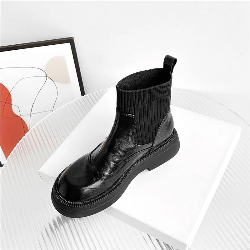 時尚簡約款 小个子4cm/软皮厚底增高短靴女秋冬新款弹力袜靴百搭瘦瘦马丁女靴