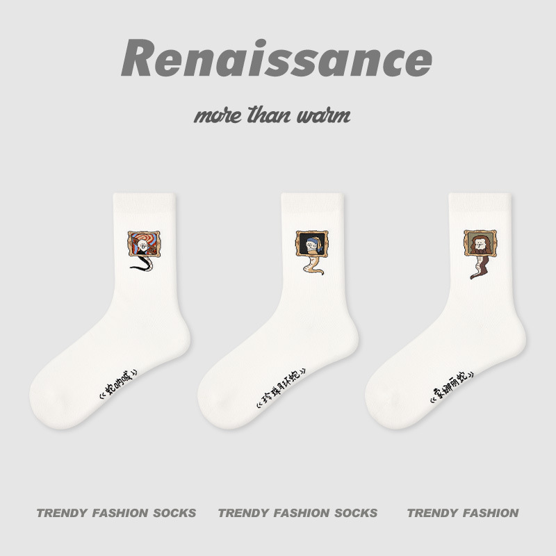 原创女袜春夏季黑白格子中筒袜卡通猫咪精梳棉袜子女