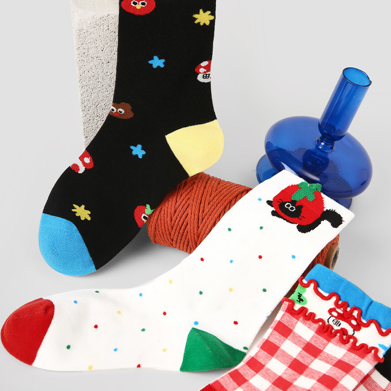 原创女袜春夏季柿柿甜猫中筒袜花边无骨精梳棉袜子女