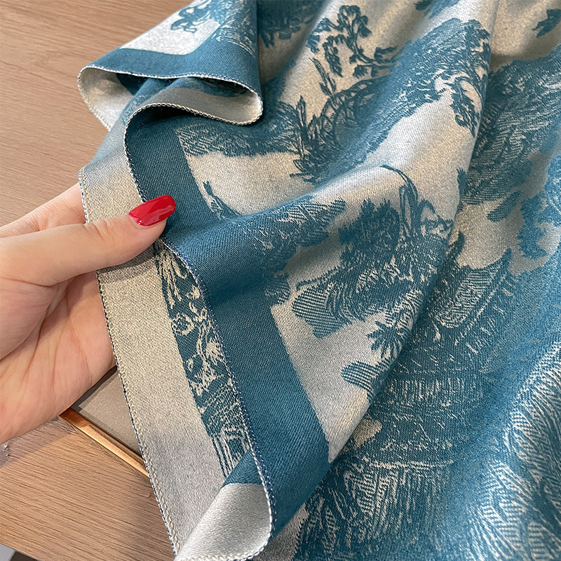 秋冬新款双面羊绒古风植物山林素雅加厚保暖丝巾空调房护颈披肩