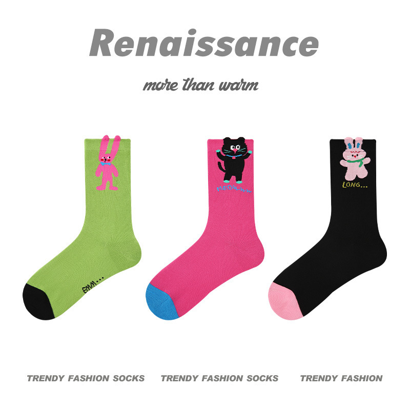 原创女袜春夏季柿柿甜猫中筒袜花边无骨精梳棉袜子女