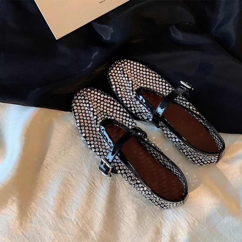 葡萄妈新款闪闪水钻一字扣带圆头平底浅口玛丽珍平底凉鞋女